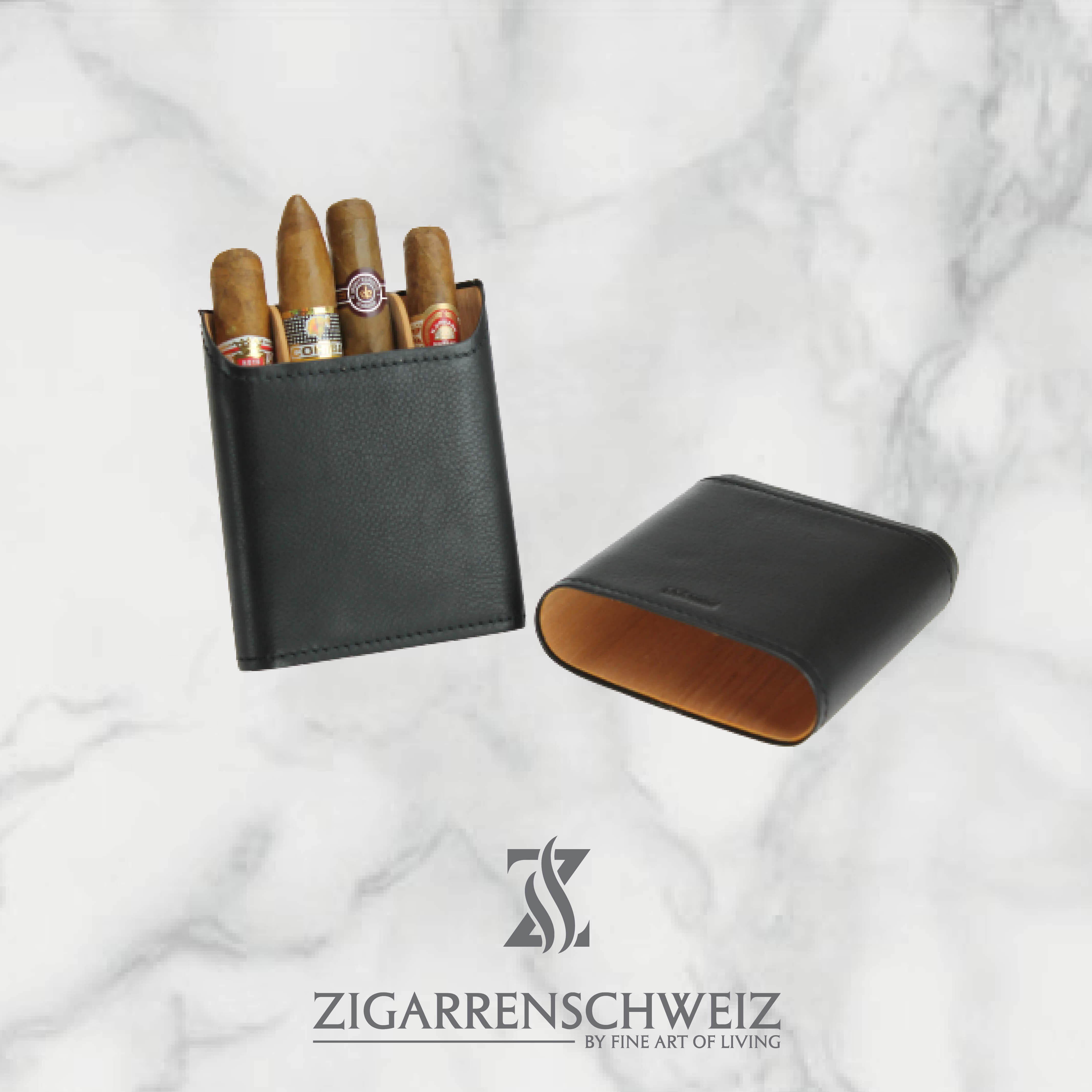 Adorini Zigarrenetui, Material: Echtleder, Kapazität: 3-5 Zigarren, Farbe: schwarz, geöffnet mit Unterteilern