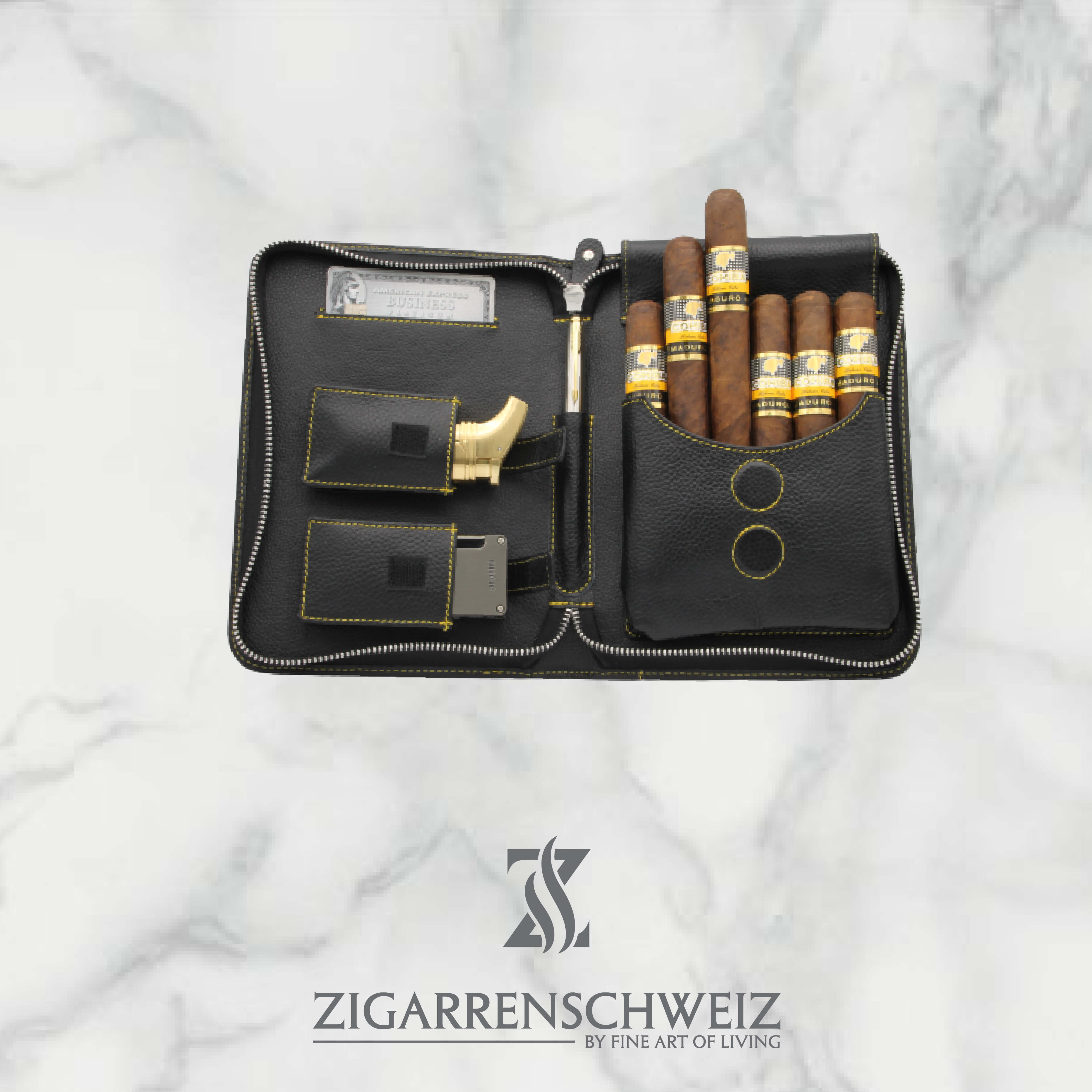 Adorini Zigarrenetui in schwarzem Echtleder für 7 Zigarren, Garn-Farbe Gelb, offen