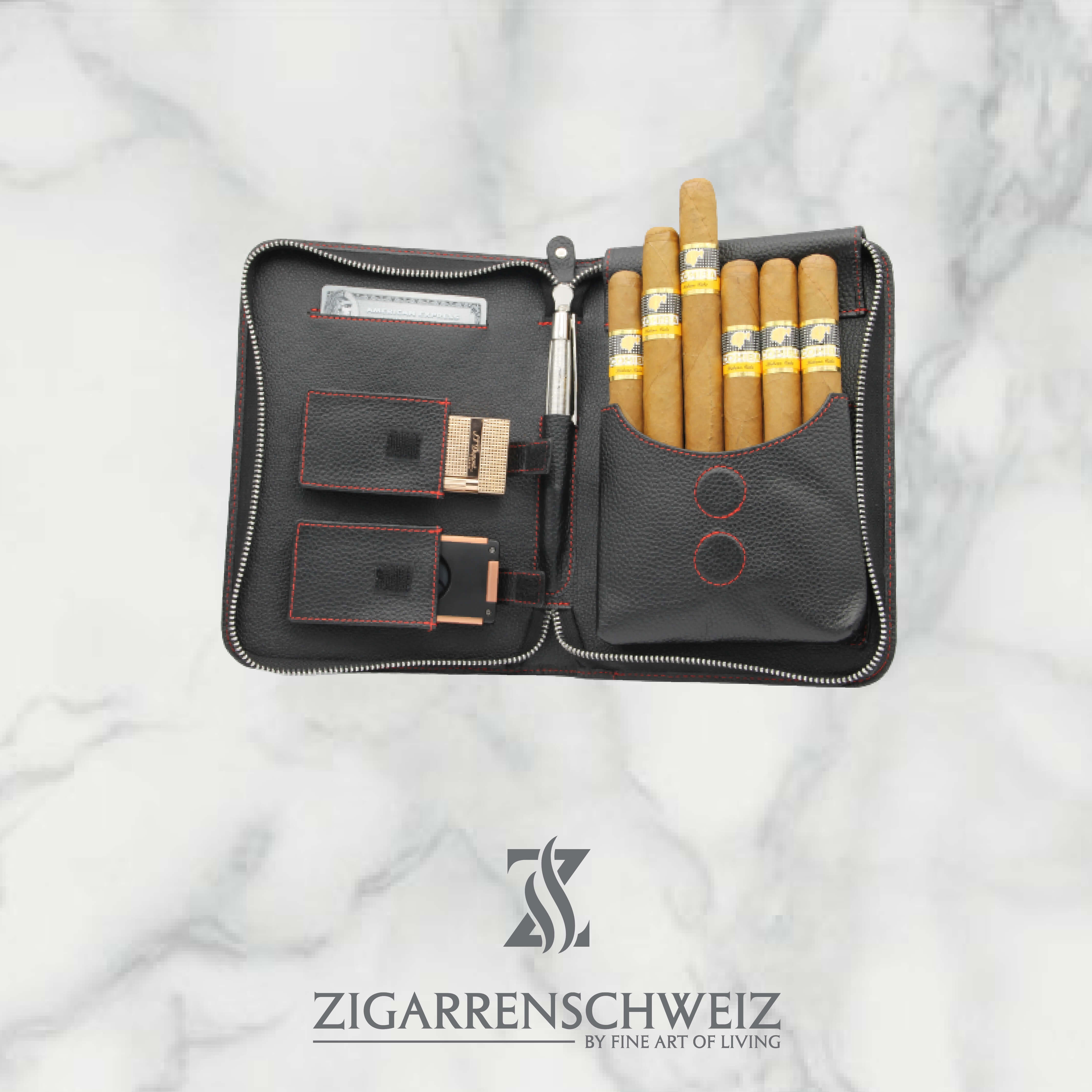 Adorini Zigarrenetui in schwarzem Echtleder für 7 Zigarren, Garn-Farbe Rot, offen
