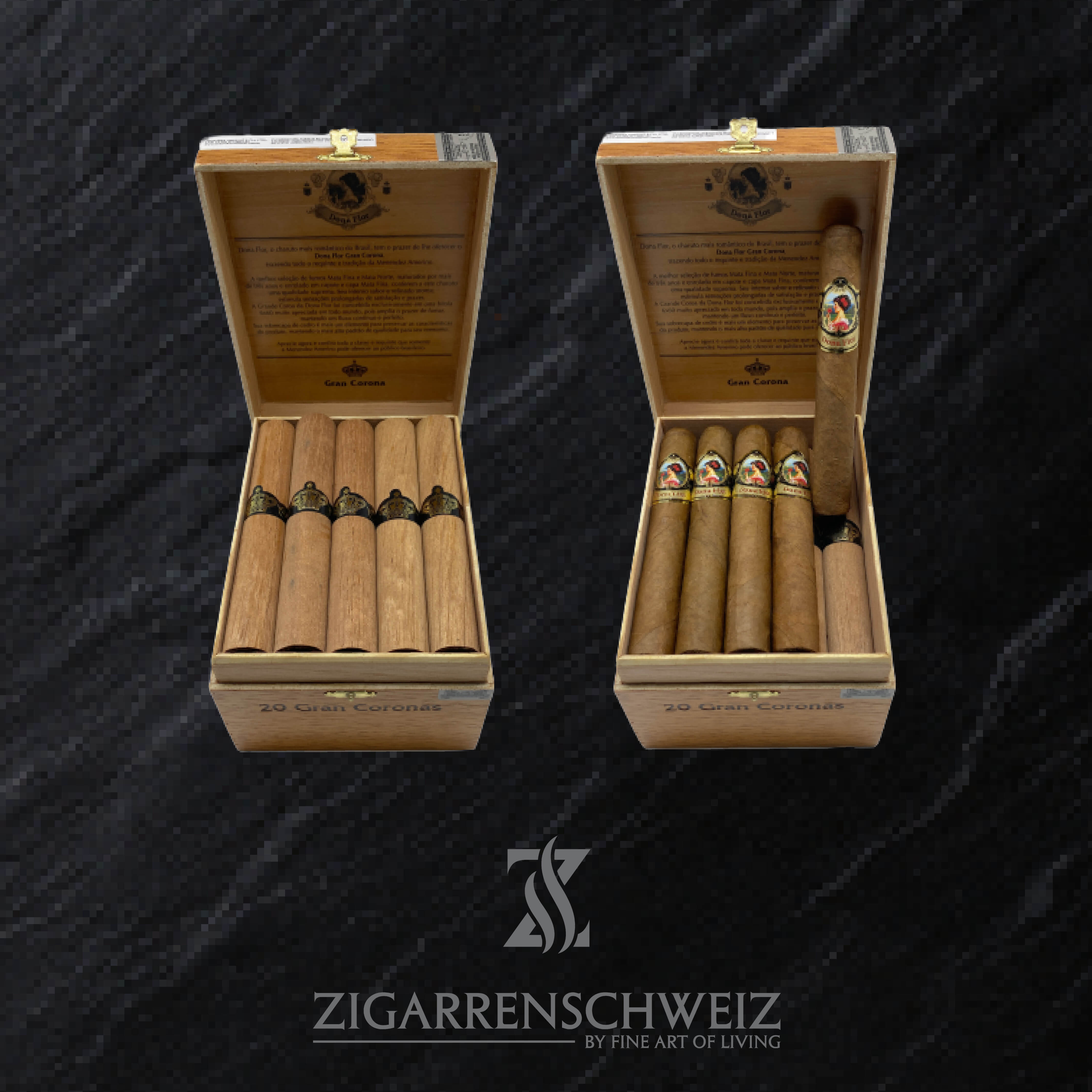 Dona Flor Mata Fina Gran Corona Zigarren Kiste offen (jede Zigarre kommt im Zedernholz Tubo daher)
