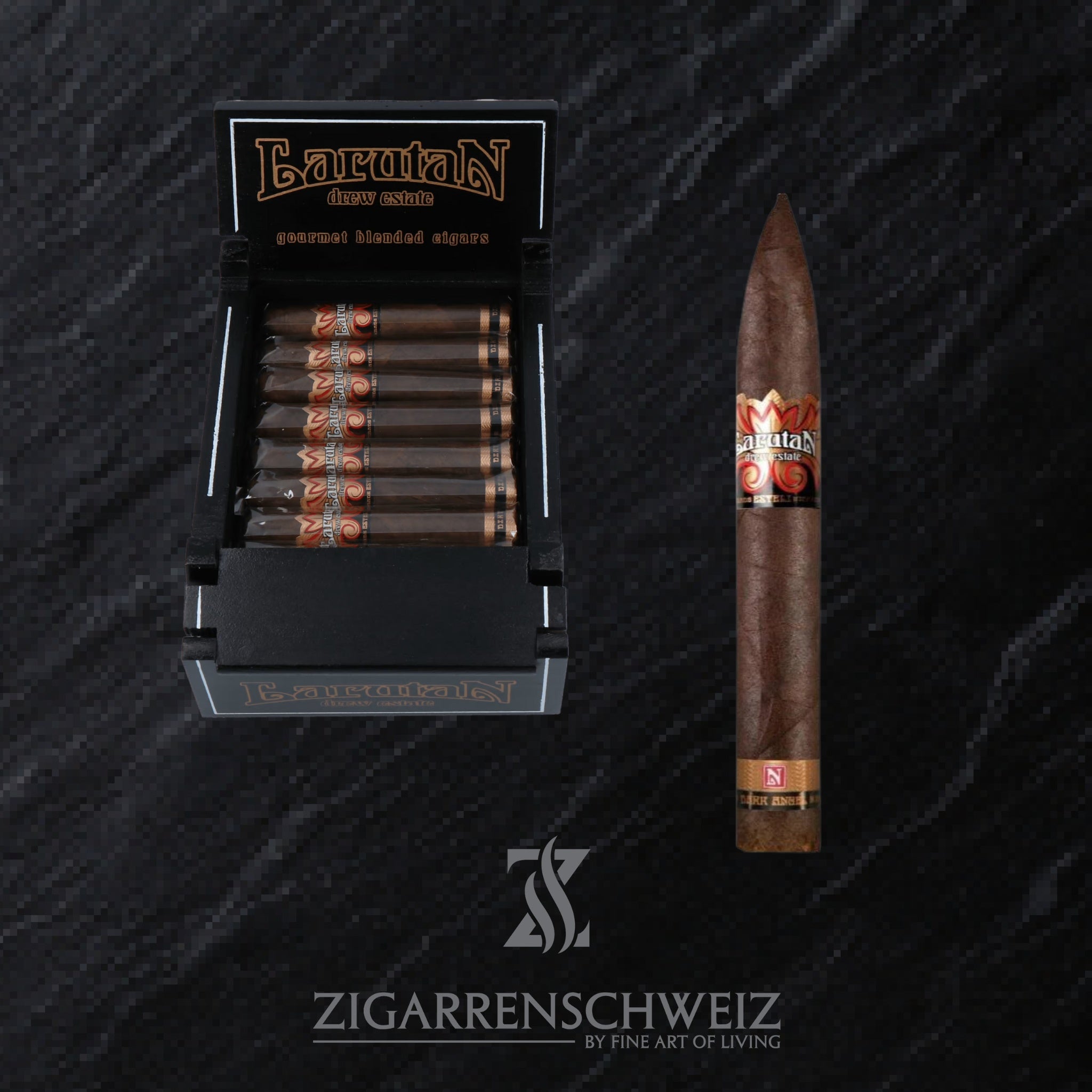 offene Kiste Drew Estate Larutan Zigarren im Dark Angel Format