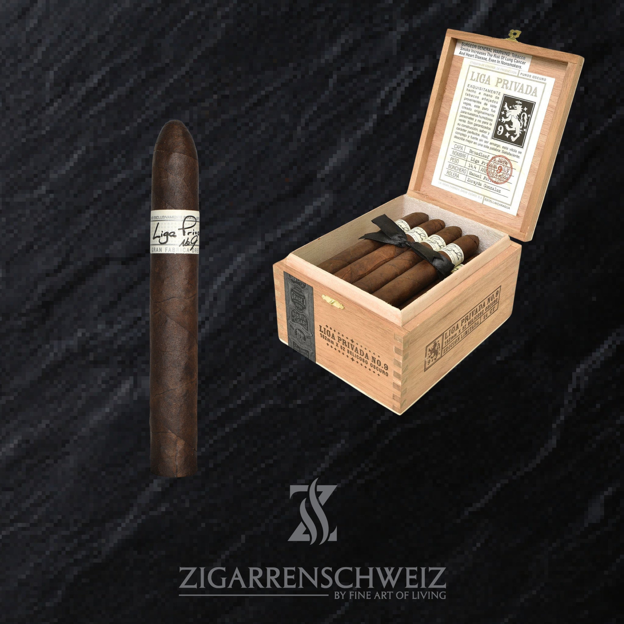 offene Kiste Drew Estate Liga Privada No. 9 Zigarren im Belicoso Format