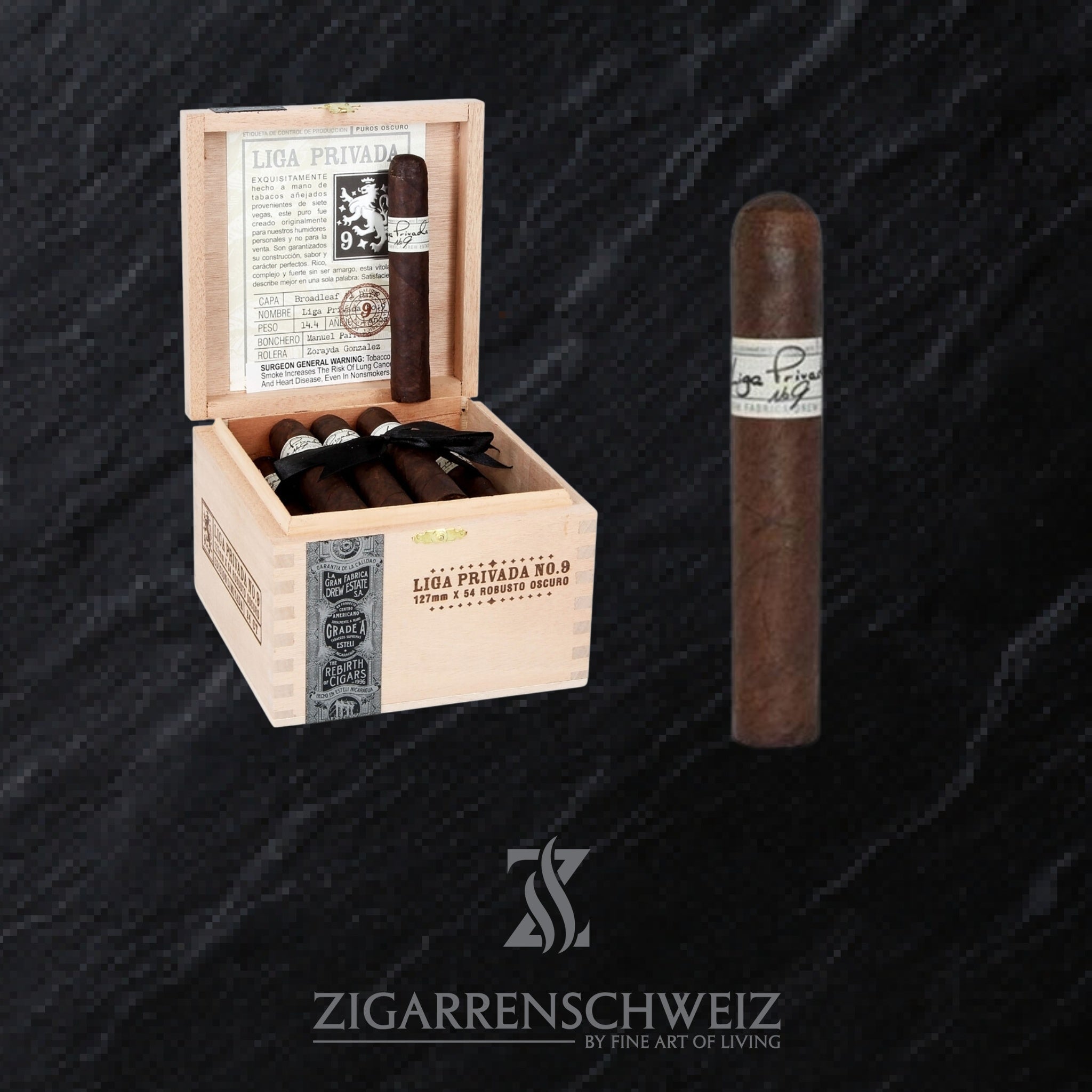 offene Kiste Drew Estate Liga Privada No. 9 Zigarren im Robusto Format