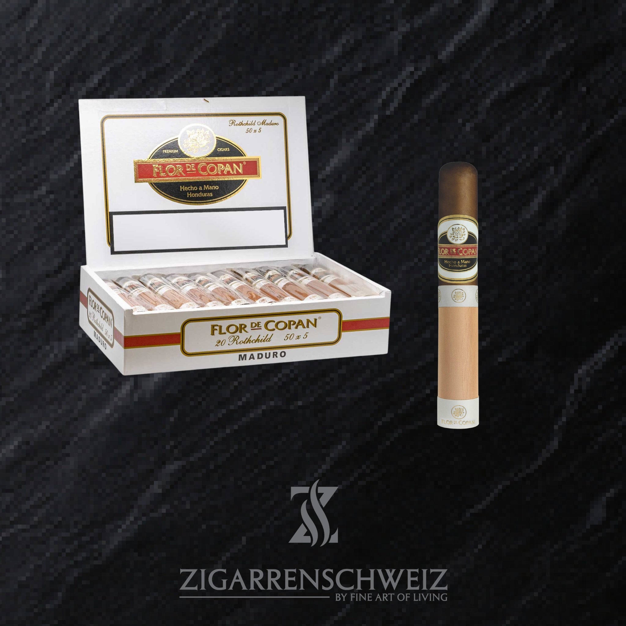 offene Kiste Flor de Copan Maduro Zigarren im Rothschild Format