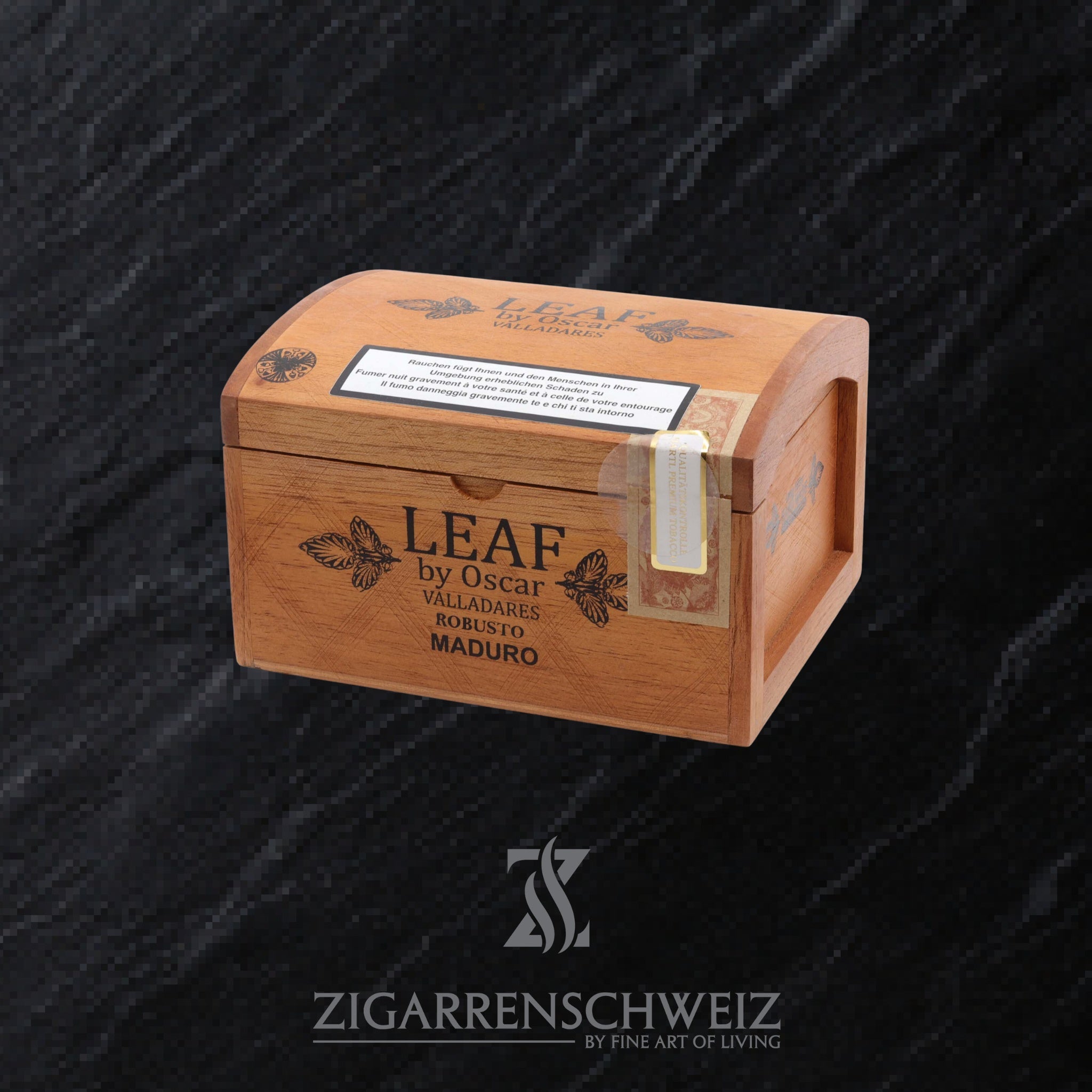 geschlossene Kiste The Leaf by Oscar Valladares Moduro Zigarren im Robusto Format