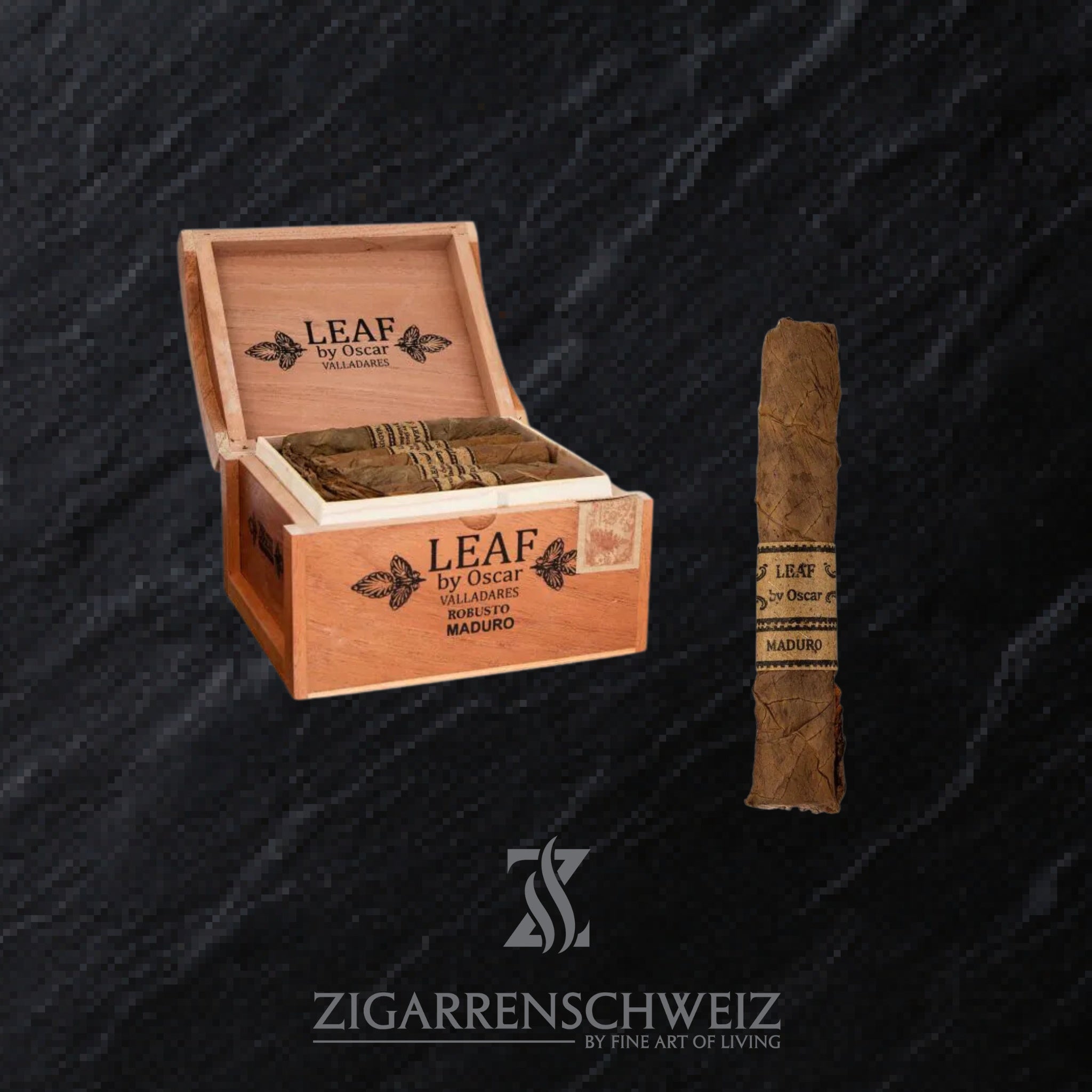 offene Kiste The Leaf by Oscar Valladares Moduro Zigarren im Robusto Format
