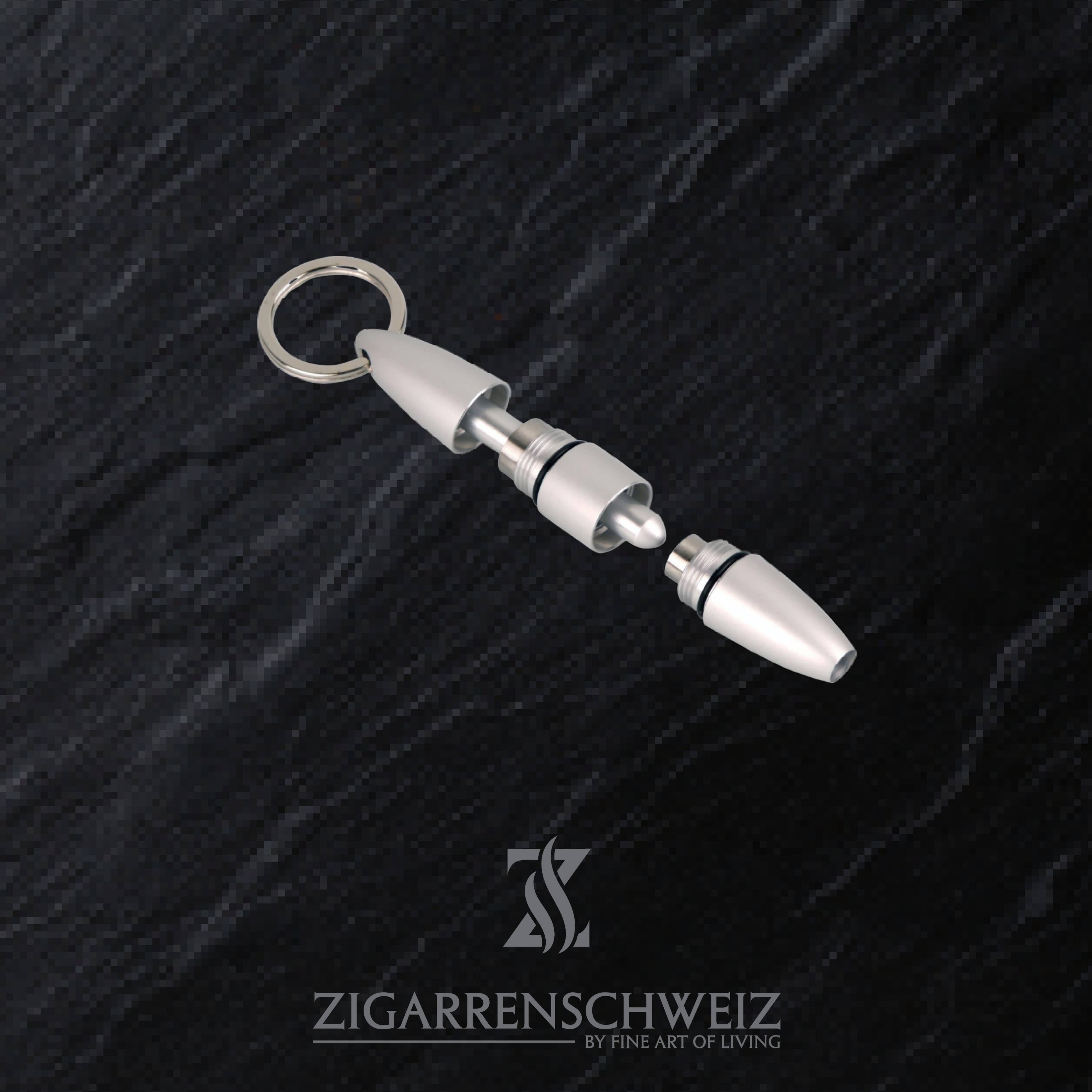 Passatore Zigarren Puncher und Zigarren Bohrer, praktischer Schlüsselanhänger, zwei in eins, Farbe: Silber gebürstet_ offen
