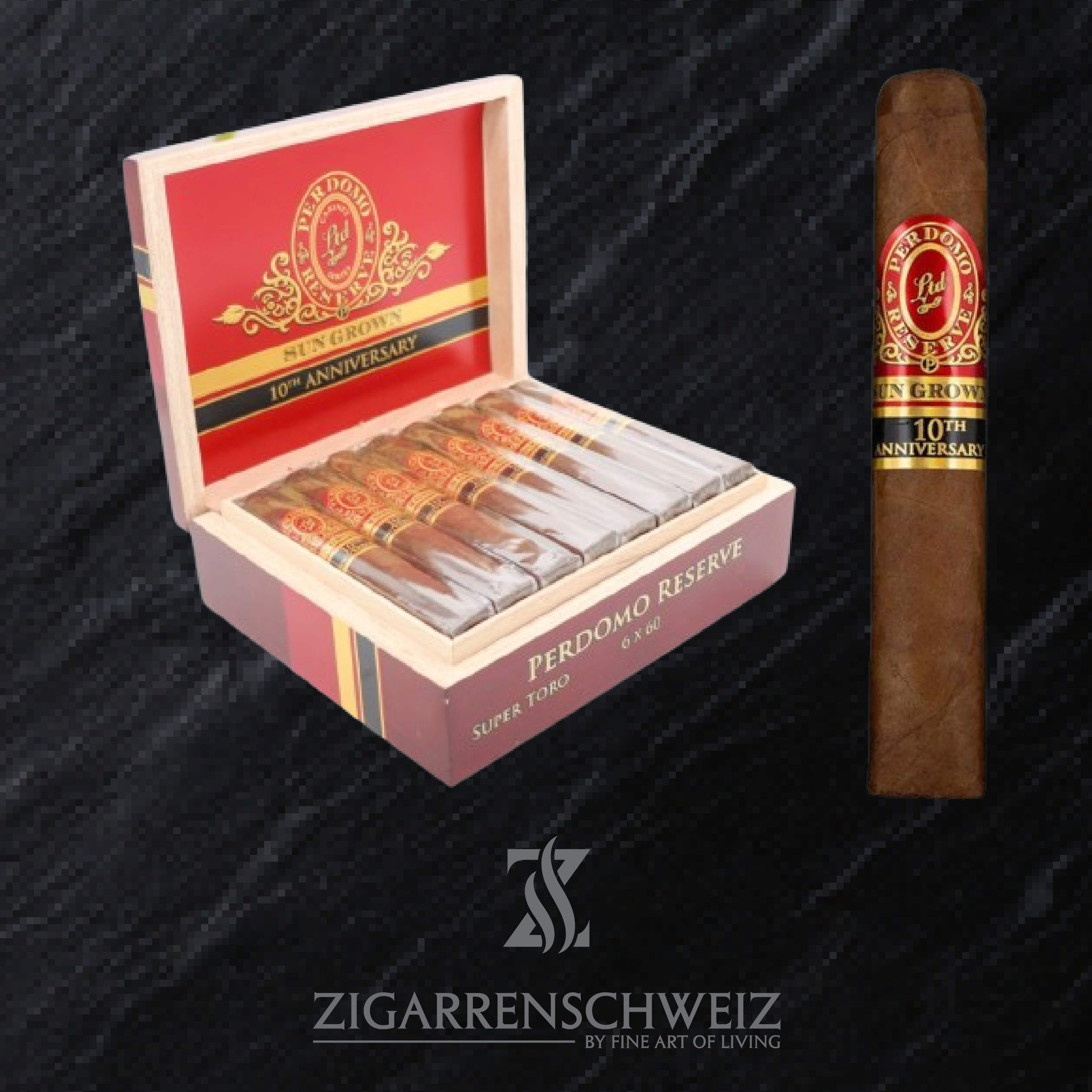 Perdomo Reserve 10th Anniversary Sun Grown Super Toro Zigarren Kiste offen