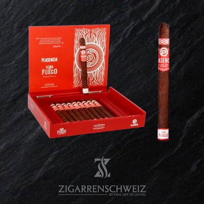 Plasencia Alma del Fuego Flama, geöffnete 10er Zigarrenkiste mit Blick auf die Panatela Zigarren in sonnengewachsenem Jalapa-Deckblatt