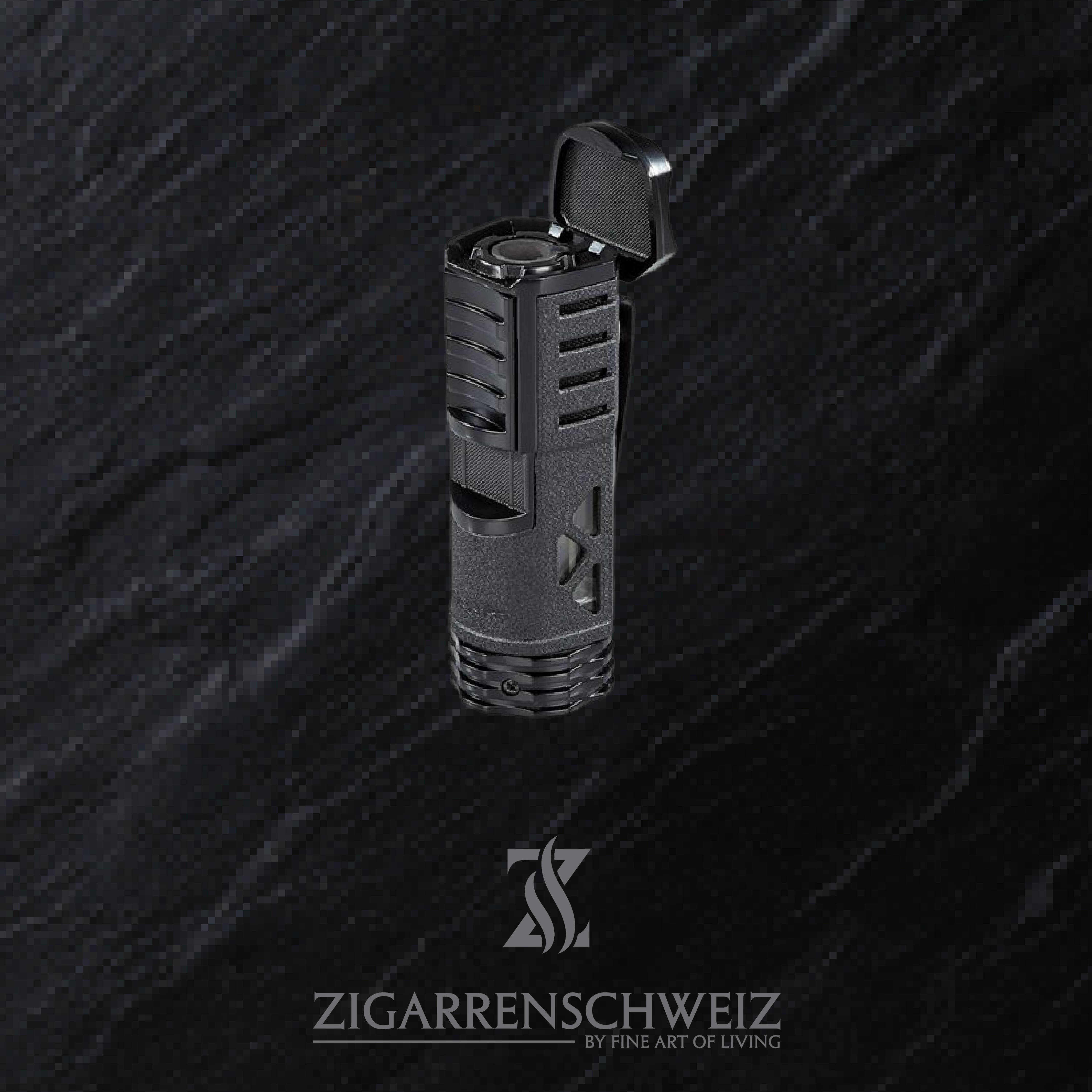 Xikar Tactical 1 Single Jet Flame Feuerzeug für Zigarren, Deckel geöffnet / Farbe: Schwarz