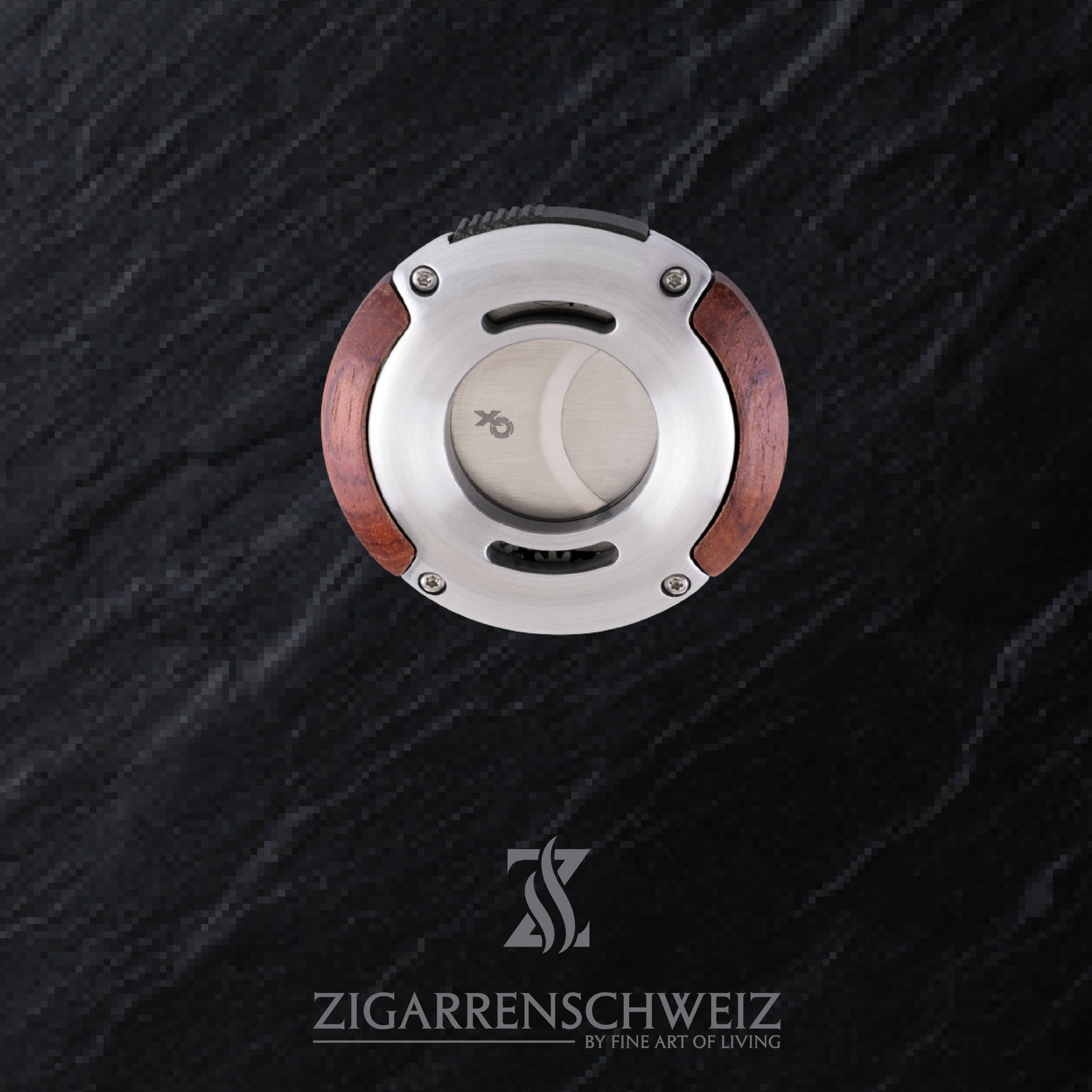 Xikar XO Zigarren Cutter, Farbe Gehäuse: Silber mit Rosenholzeinlage, Farbe Klingen: Silber, geschlossen