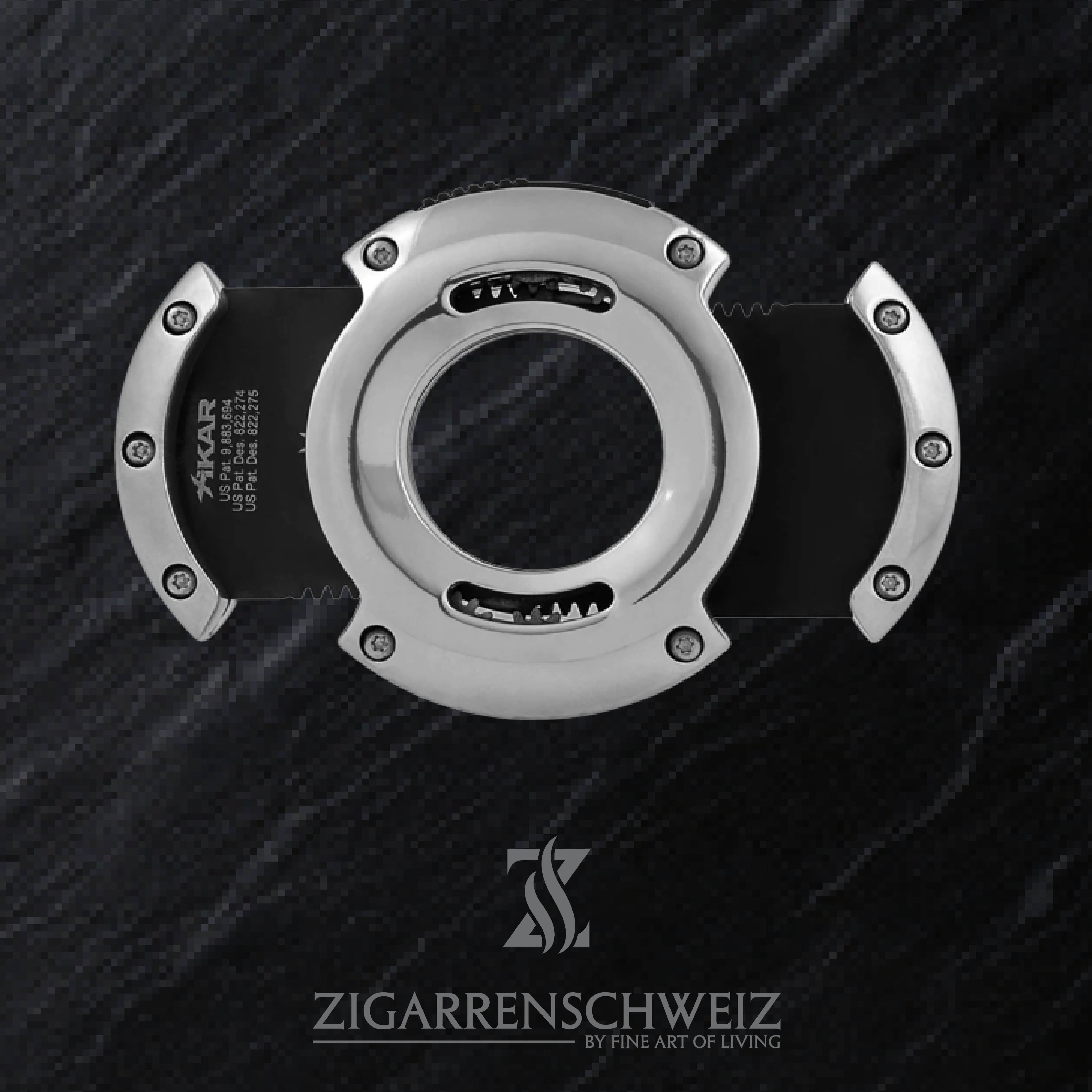 Xikar XO Zigarren Cutter, Farbe Gehäuse: Silber gebürstet, Farbe Klingen: Schwarz, offen