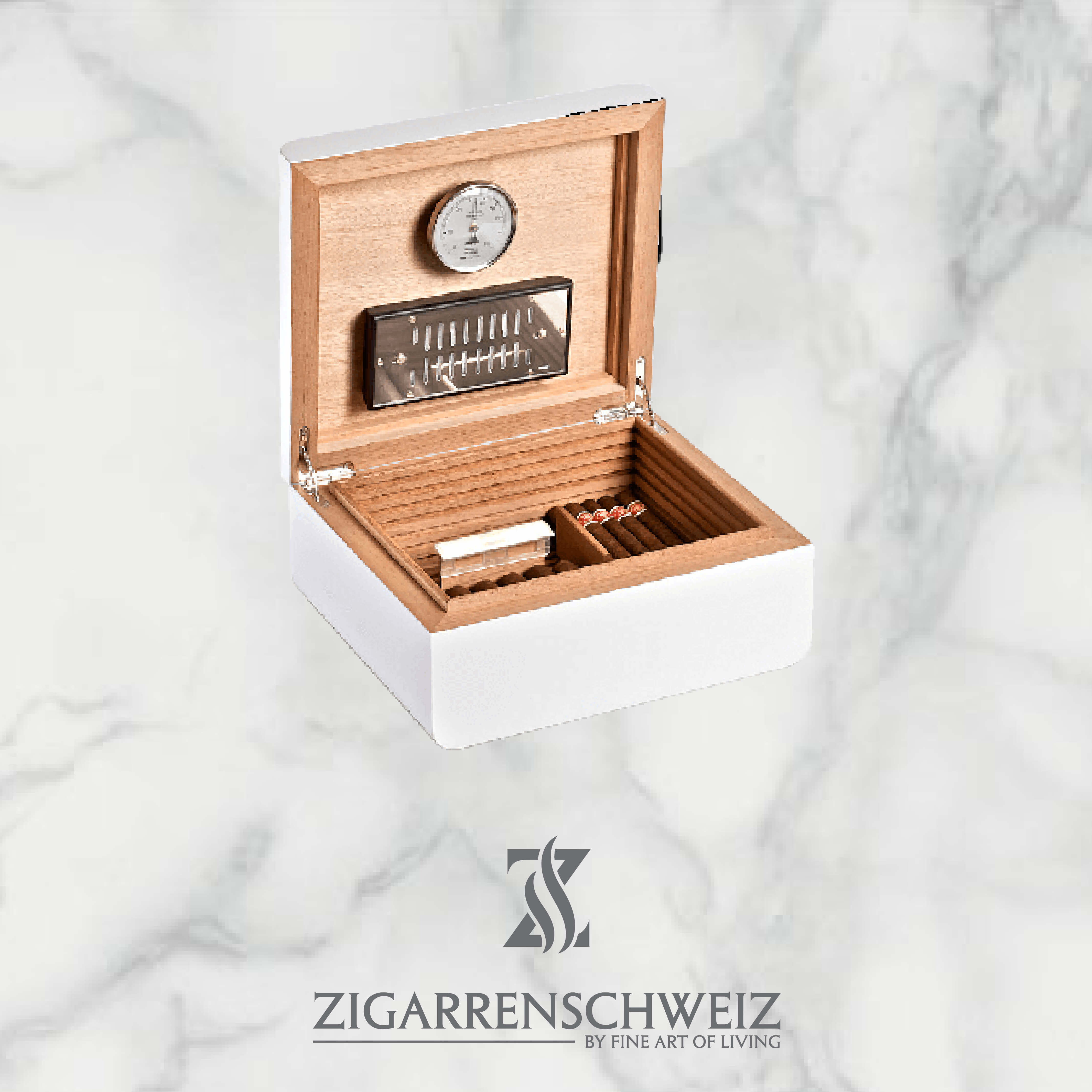 adorini Carrara Deluxe Humidor, Grösse: medium, Farbe: Weiss, Deckel geöffnet