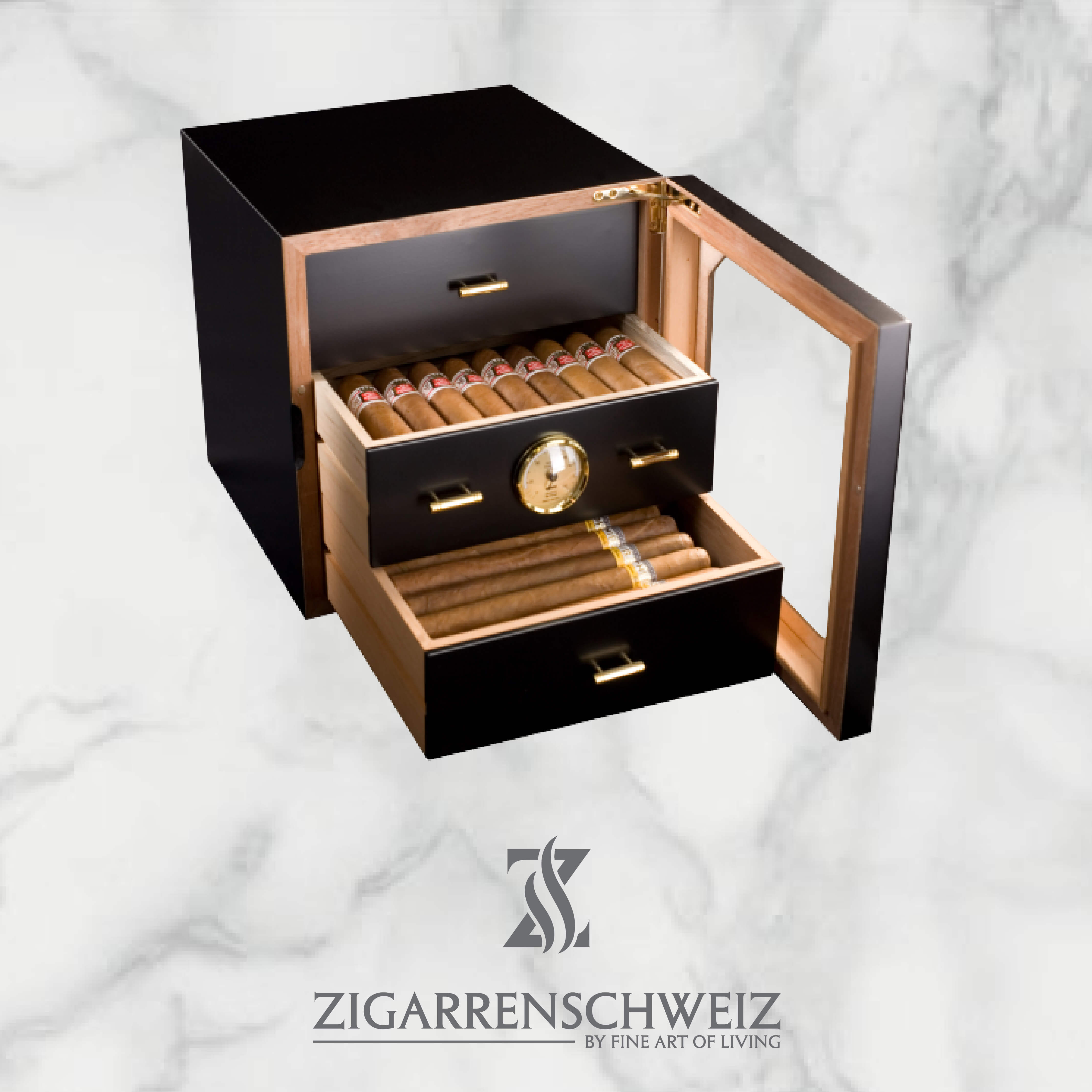 Adorini Chianti medium Deluxe Humidor in Schwarz für die Lagerung von bis zu 120 Robusto Zigarren, mit geöffneter Glastüre