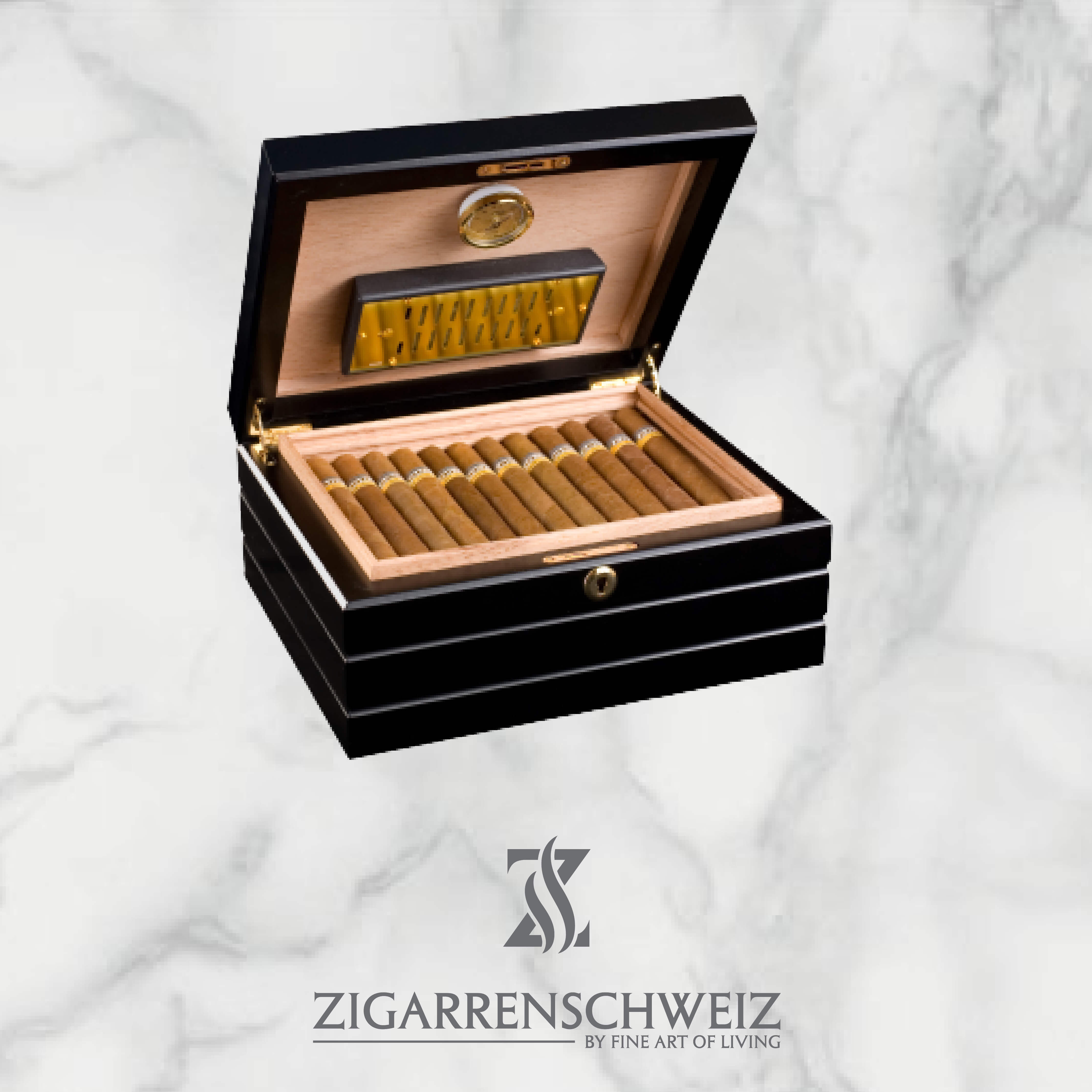 Adorini Firenze Humidor für Zigarren, Grösse: medium, Farbe: Schwarz, Deckel offen