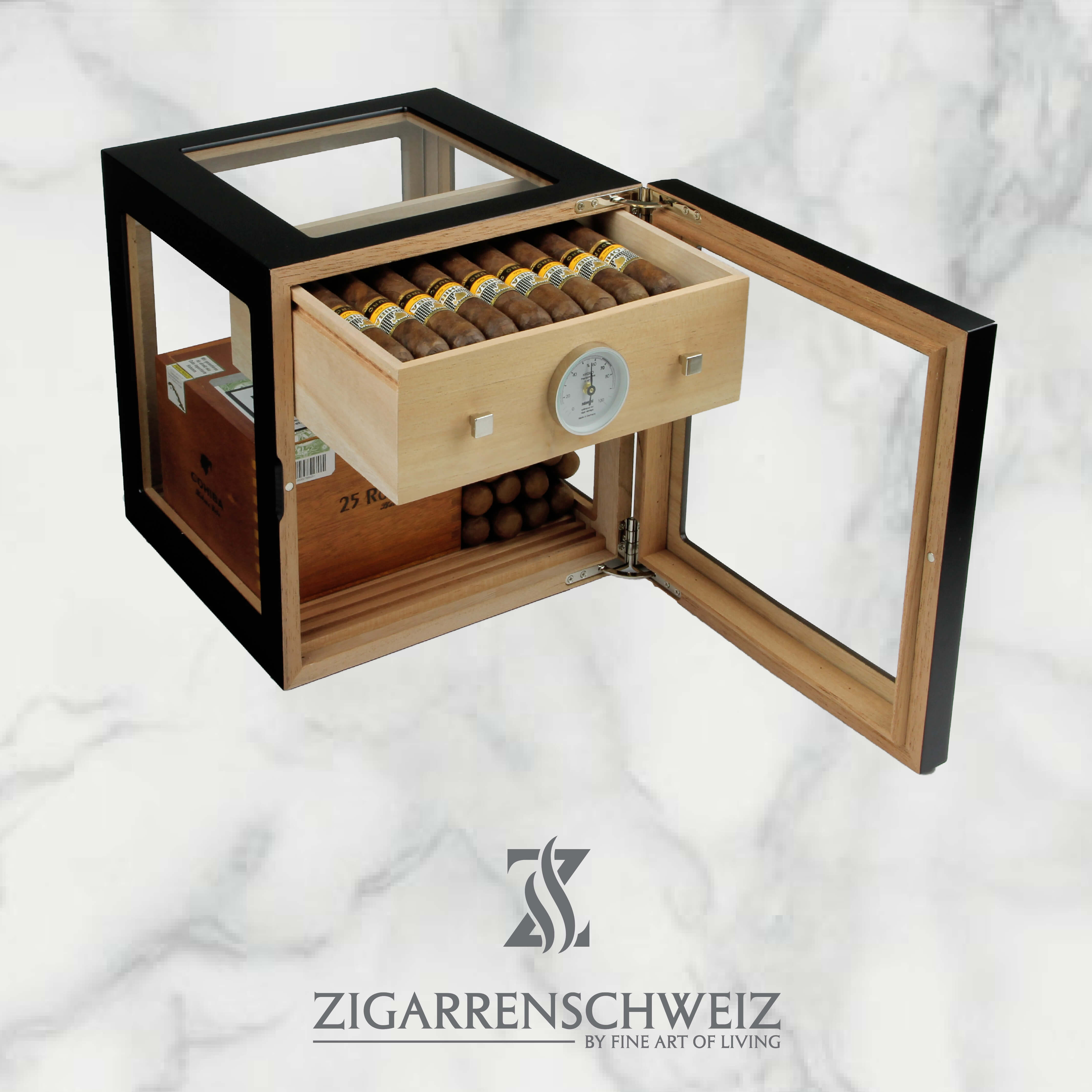 Adorini Cube Deluxe Humidor - für 100 Zigarren, Türe geöffnet, Farbe: Schwarz