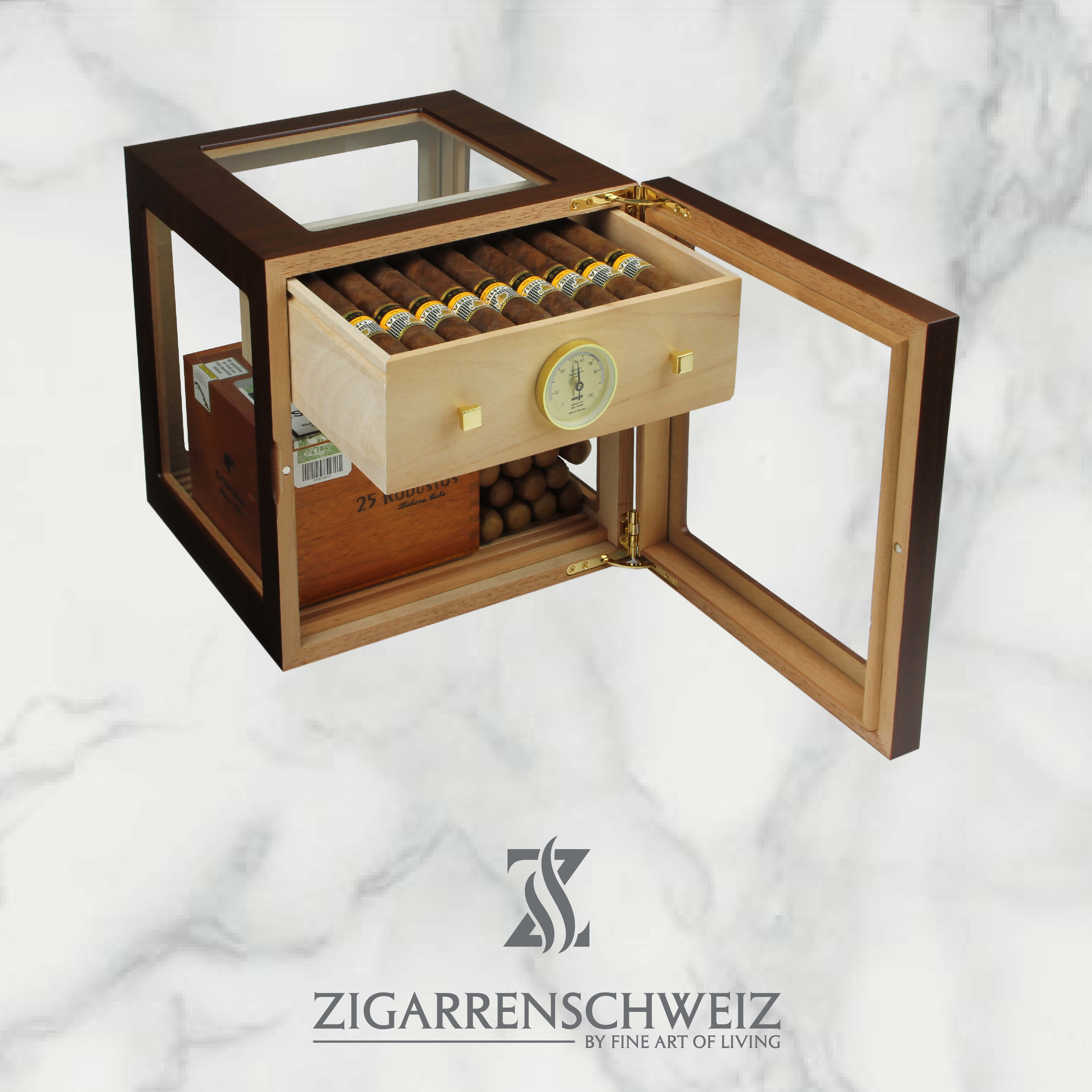 Adorini Cube Deluxe Humidor - für 100 Zigarren, Türe geöffnet, Farbe: Walnuss