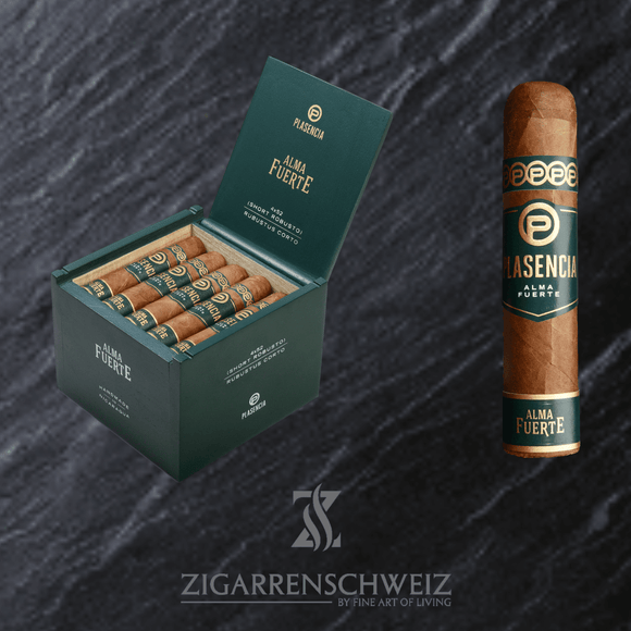 Plasencia Alma Fuerte Colorado Claro Short Robustus, geöffnete 20er Zigarrenkiste in seitlicher Ansicht
