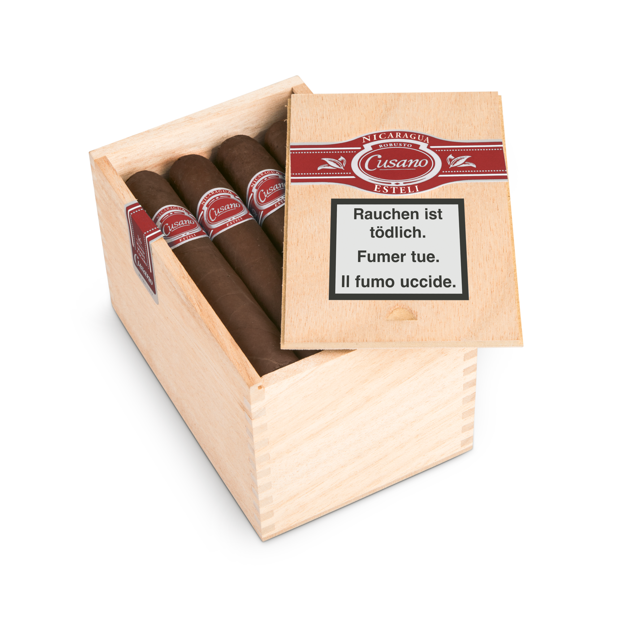 16er Kiste Cusano Dominicana Nicaragua Robusto Zigarren, Deckel offen