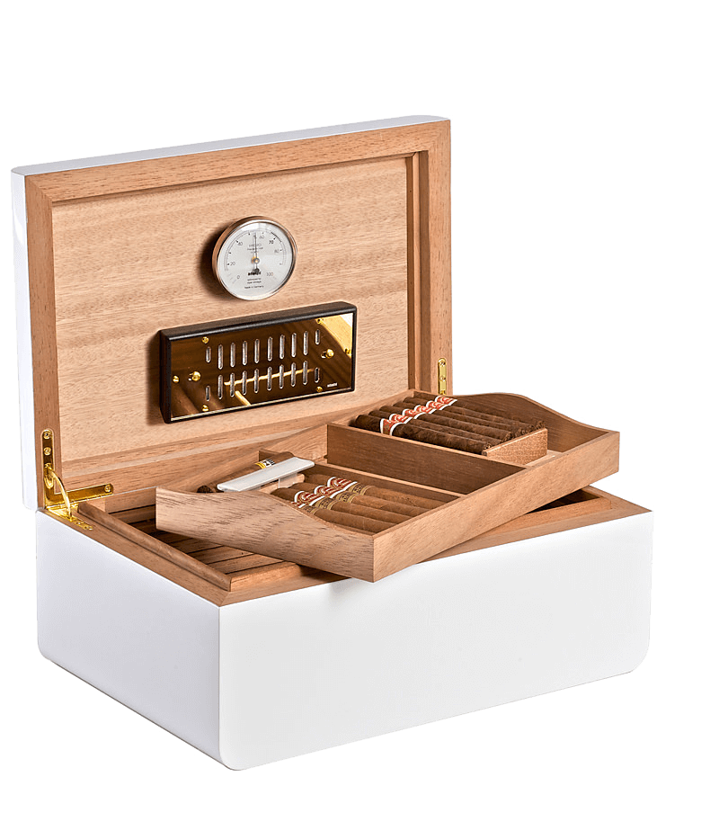 Adorini Carrara Deluxe Humidor, Grösse: Large, Farbe: Weiss, für 150 Zigarren, Deckel offen