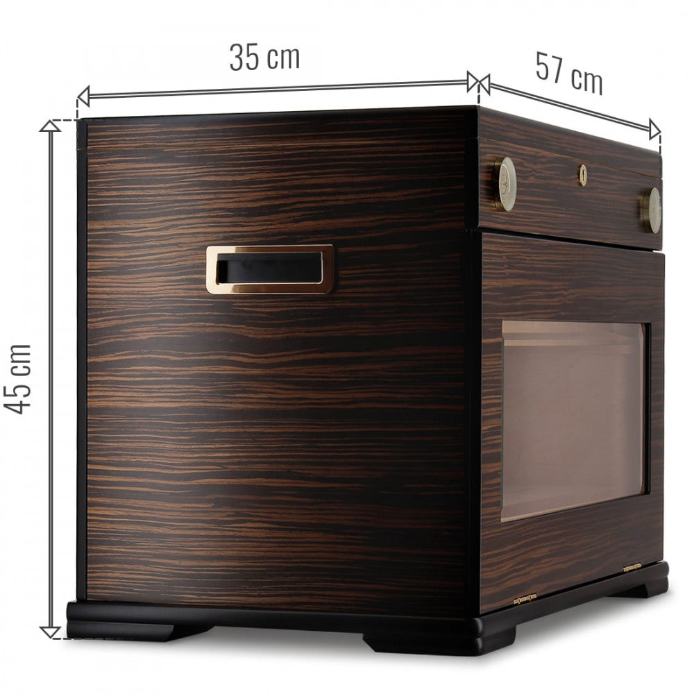 Adorini Aficionado Deluxe Humidor - schöner Humidor für die Lagerung von bis zu 400 Zigarren, Seitenansicht mit Abmessungen