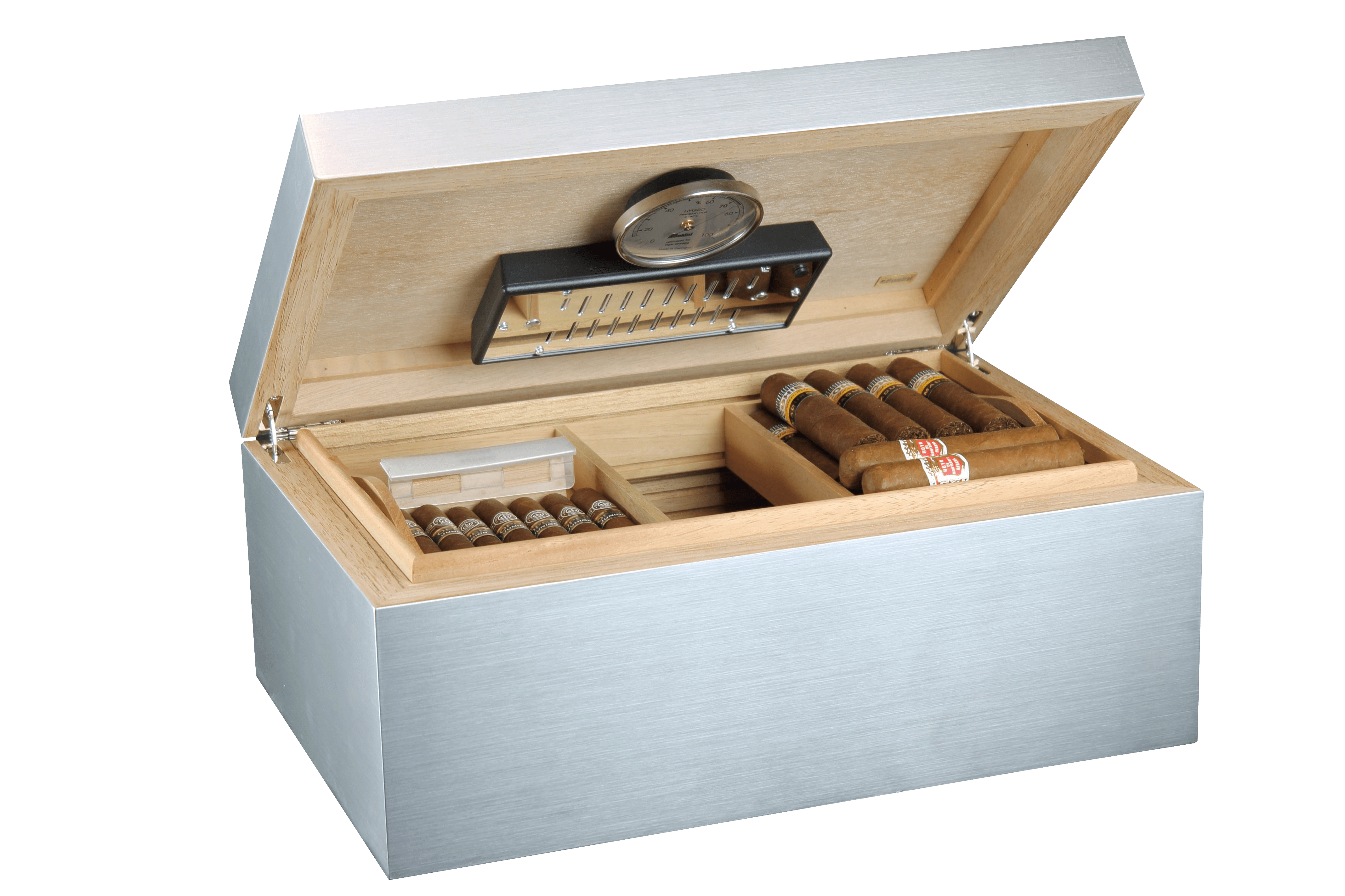 Adorini Aluminium Deluxe Humidor in der Grösse L für bis zu 150 Zigarren - Deckel geöffnet