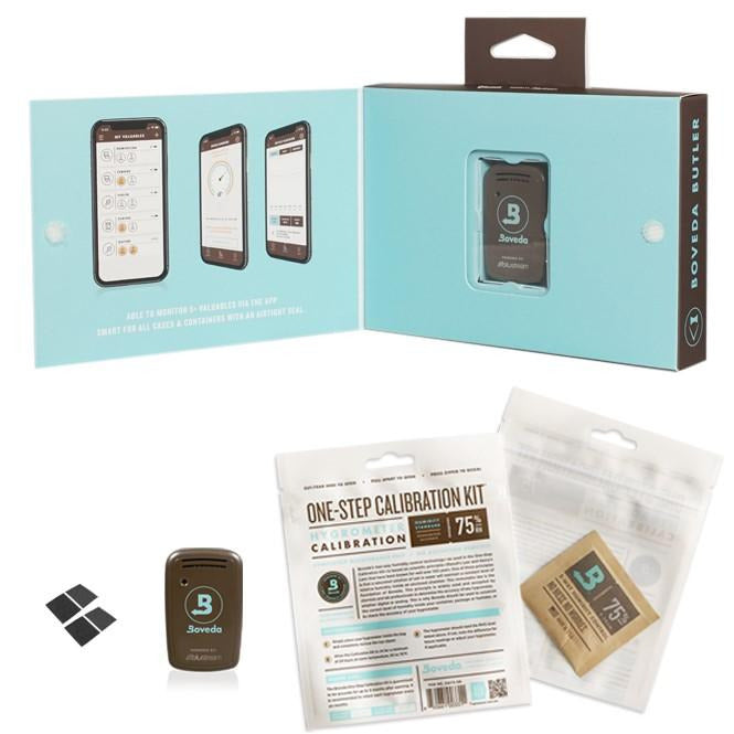 Boveda Buttler Box offen mit Inhalt, Messgerät, zwei Batterien, eine Anleitung und ein Feuchtigkeitspad. Jetzt bei Zigarren Schweiz online bestellen.