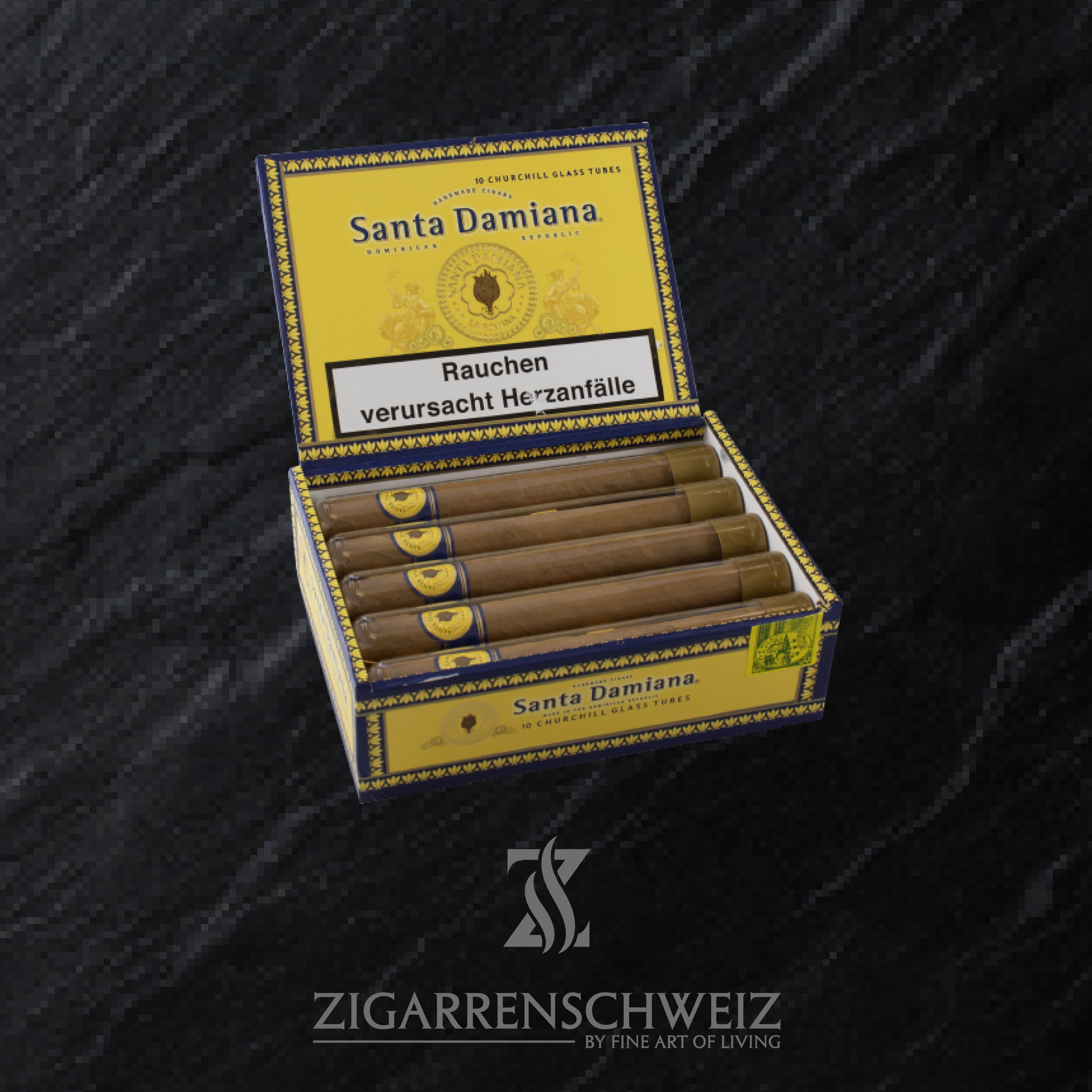 Santa Damiana Classic Churchill Glas Tubo Zigarren Box offen