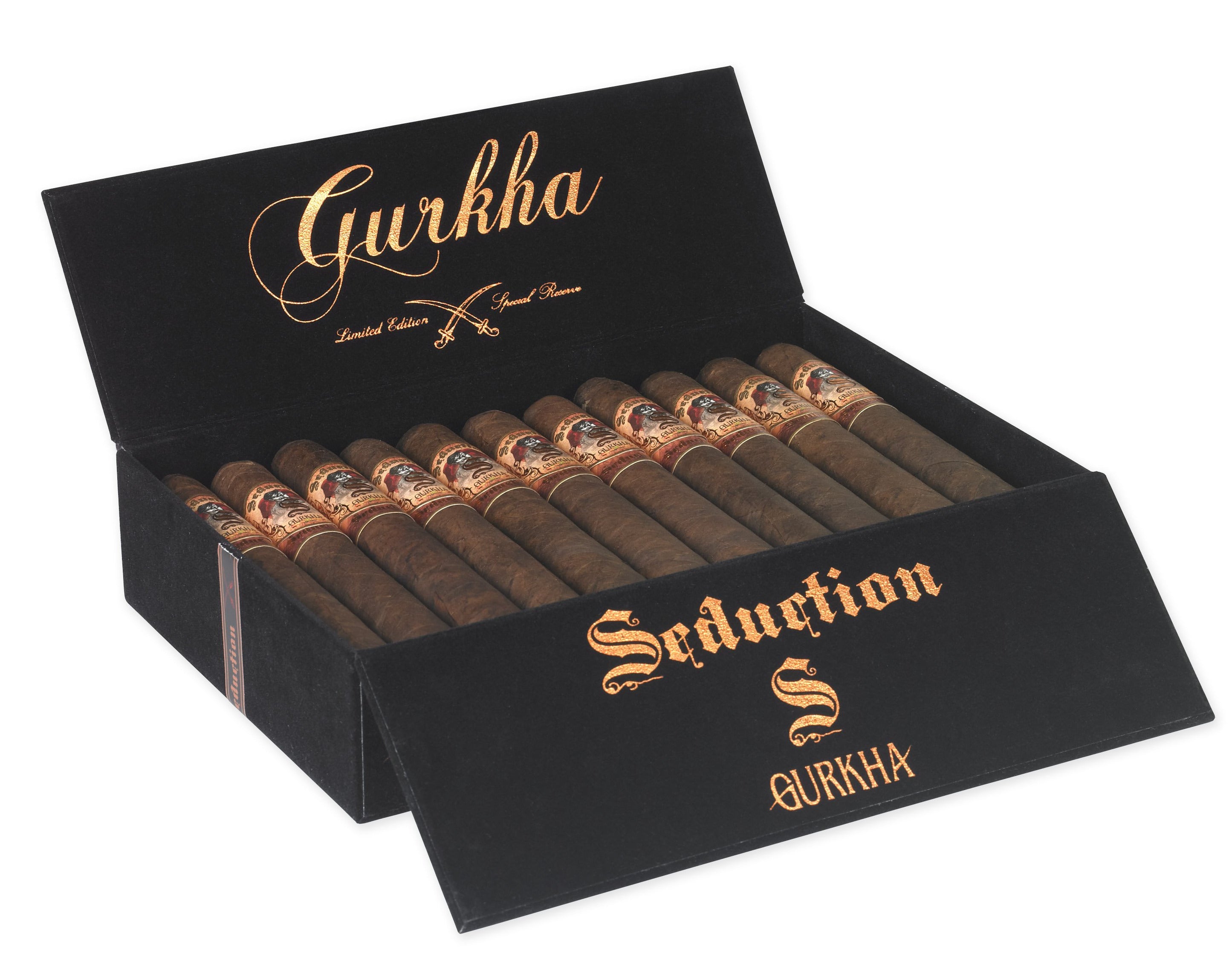 Foto der geöffneten Gurkha Seduction Robusto Zigarren Box. Jetzt bei Zigarren Schweiz online kaufen.